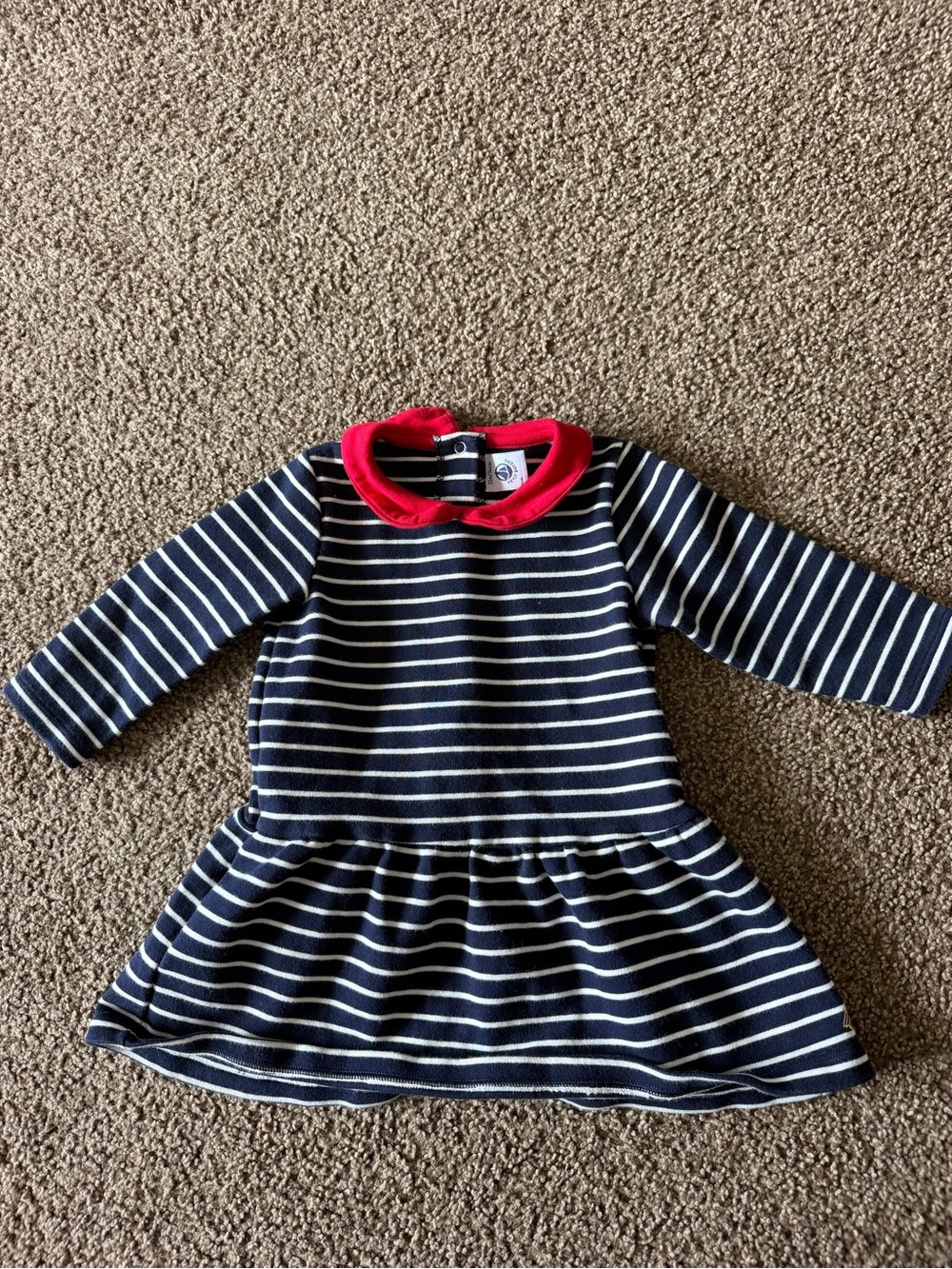 Petit Bateau Striped Navy and White Dress with Red Collar